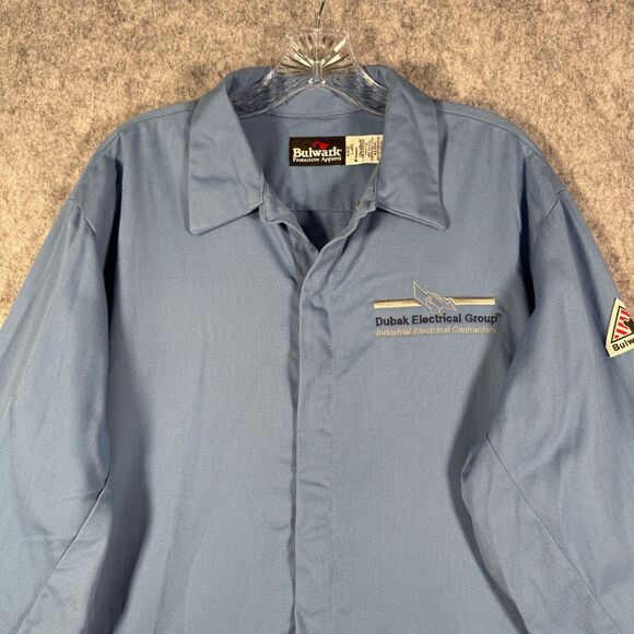 Bulwark FR Shirt Mens Large Blue Snap Button Flame Resistant Company Logo - Picture 1 of 11